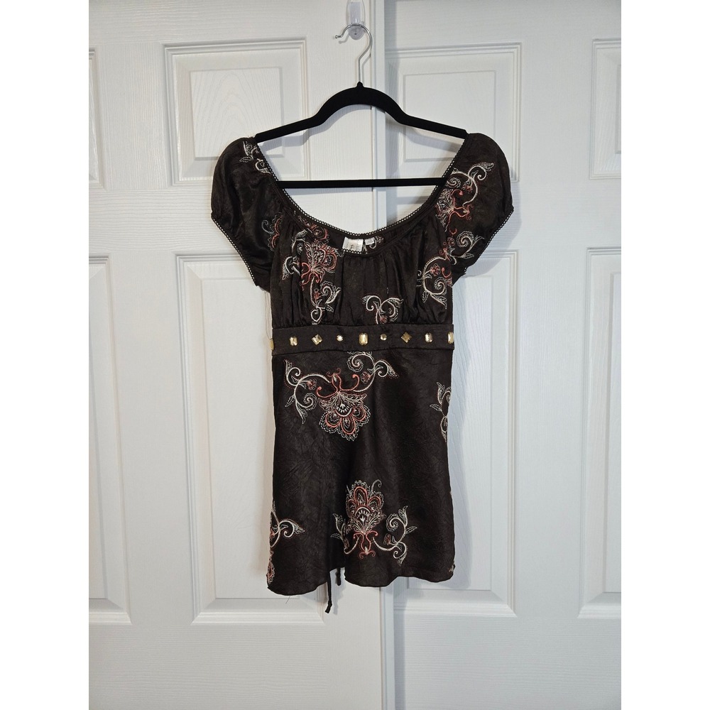 Heart Soul Brown Embroidered Babydoll Top Rhinestone Empire Waist Boho Large